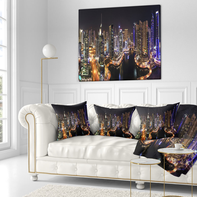Coussin décoratif avec vue sur la marina de Dubaï, vue de nuit, 16 po x 1 po