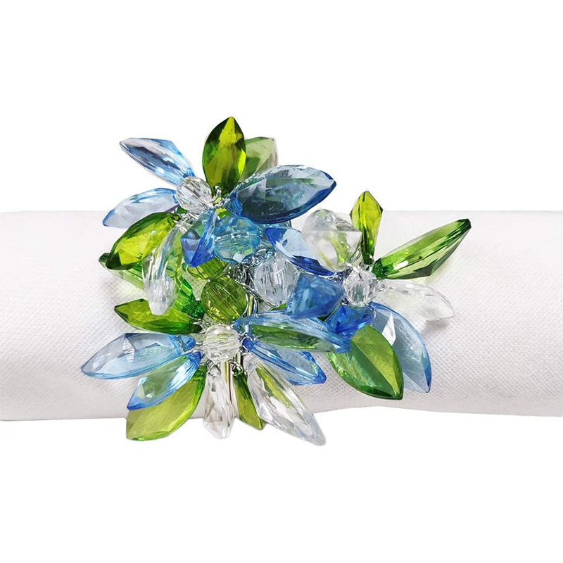 Ensemble de 4 anneaux de serviette uniques à motif de cristaux à fleurs multiples, ensemble de 4, Bleu