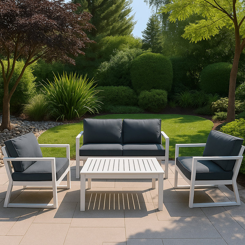 Ensemble de conversation pour patio 4 pièces en aluminium avec coussins gris et table blanche
