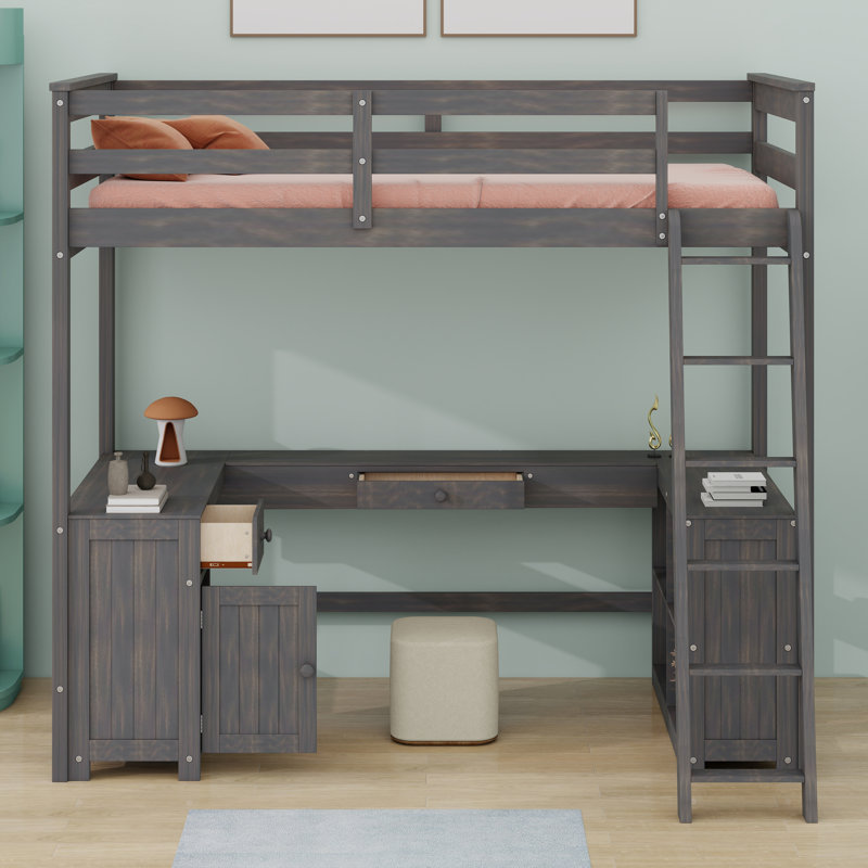 Structure de lit en bois massif avec tablettes de rangement, armoire, bureau en U et 2 tiroirs, Lit simple, Brun antique