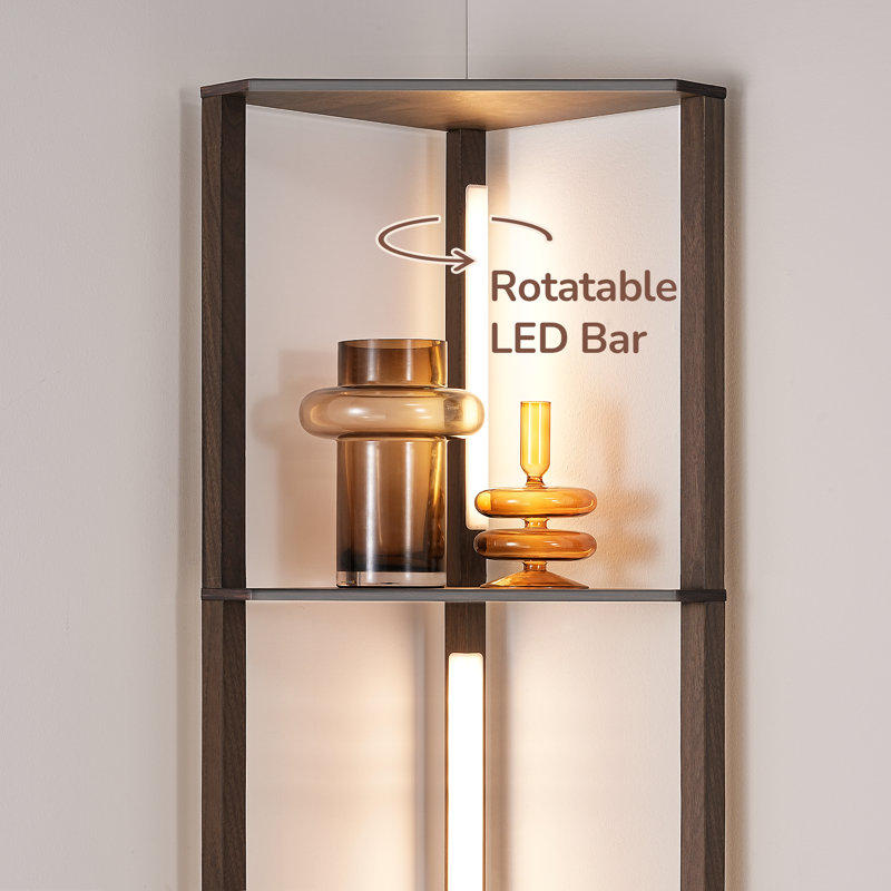 Lampe sur pied à DEL à intensité variable avec tablettes Carrye, Noyer