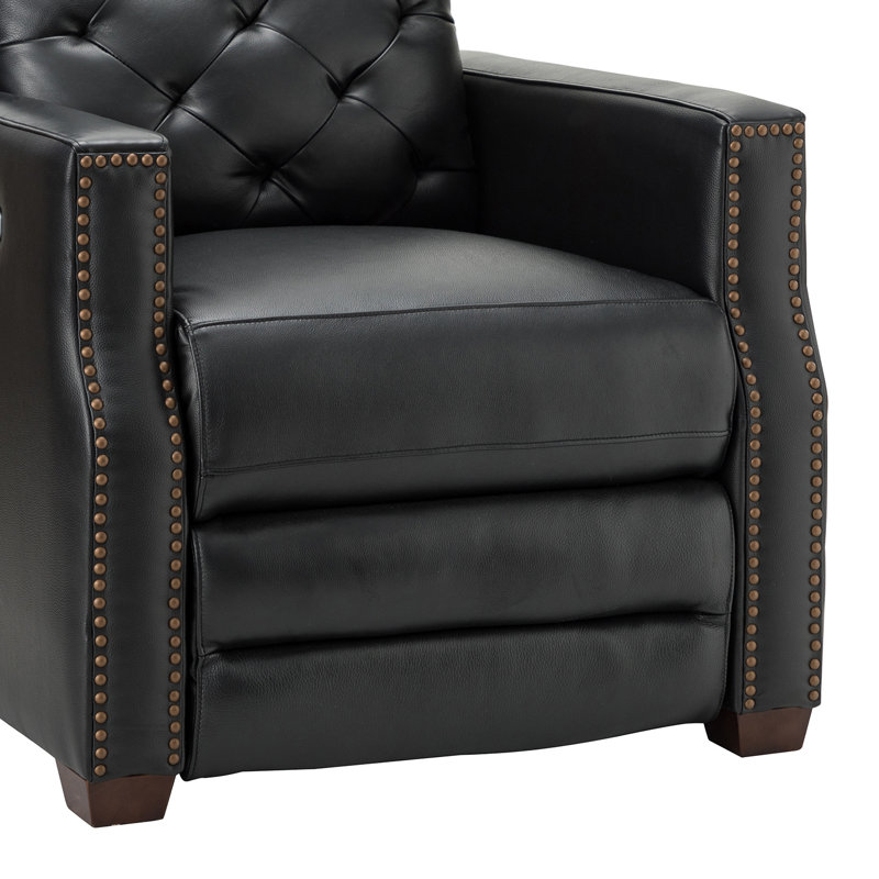 Gumesindo 31.50" Wide Genuine Leather Power Recliner, Black Genuine Leather