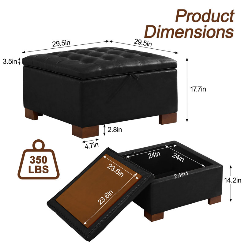 Repose-pieds de rangement carré capitonné de 29,5 po de largeur, Noir pu, H 17,7 po x l 29,5 po x P 29,5 po