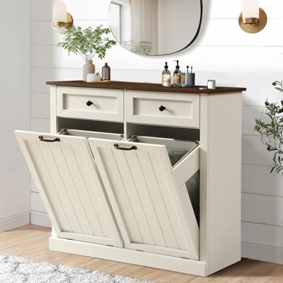 Armoire à linge à double basculement double, armoire à poubelle de style campagne moderne avec 2 tiroirs, armoires à ordures cachées en bois de 20 gallons avec 2 paniers de rangement pour la cuisine et la salle de bain