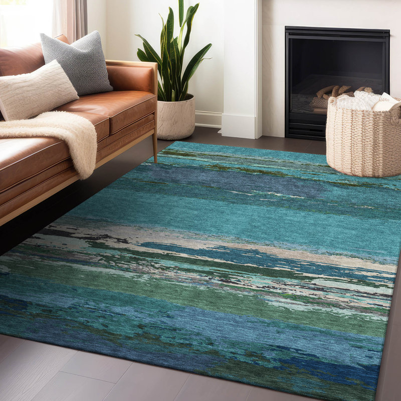 Teal and Blue Synthetic Stripe Indoor/Outdoor Rug, 5' x 7'6"