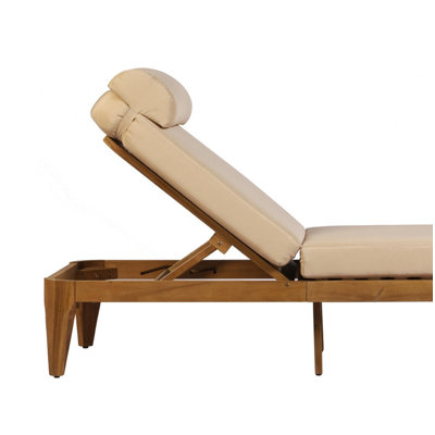 Acacia Wood Chaise Lounge, Outdoor Sun Lounge Chair, Patio Recliner with Adjustable Backrest and Head Pillow for Poolside, Backyard, Garden, Indoor&Outdoor