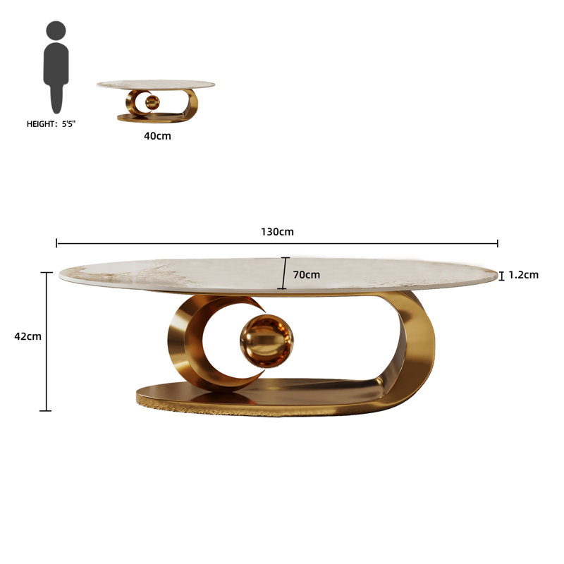130 cm Gold Oval Marble Coffee Table With Stainless Steel Base, Modern Coffee Table for Living Room