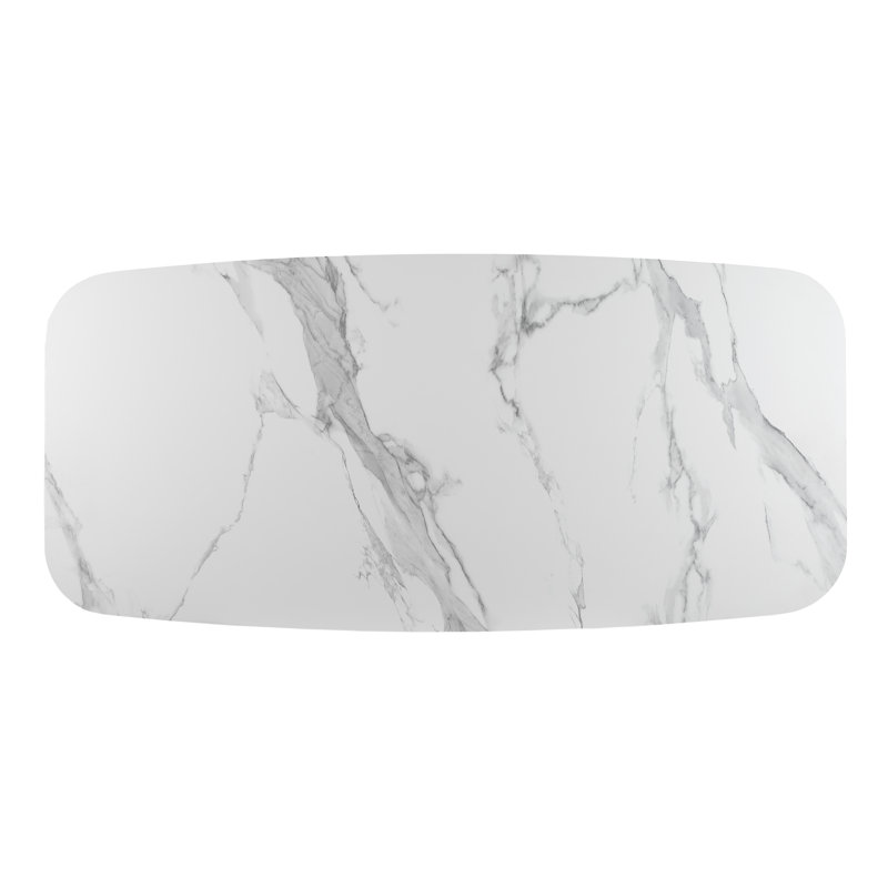 Kenza Modern Marbleized White Glass Dining Table with Wooden Base