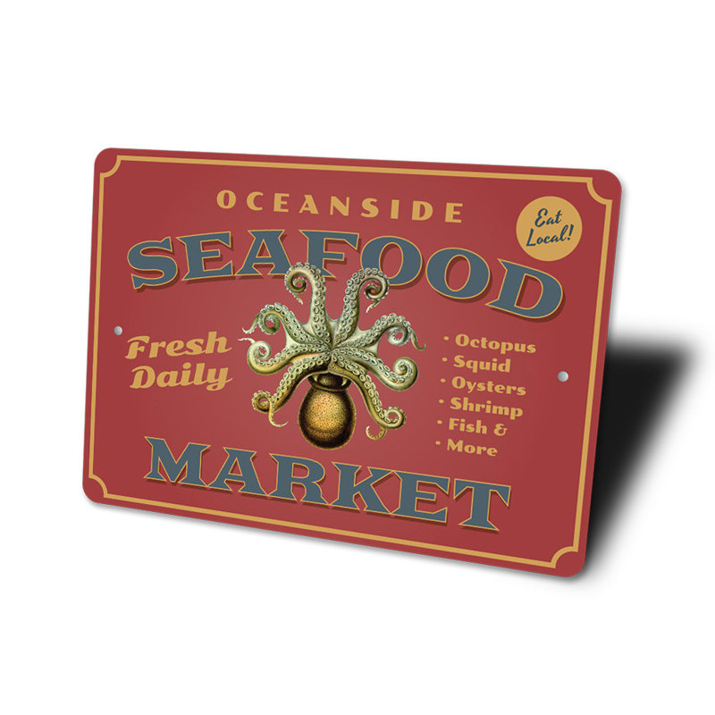 Oceanside Seafood Market Sign, 10" H x 14" W x 0.04" D