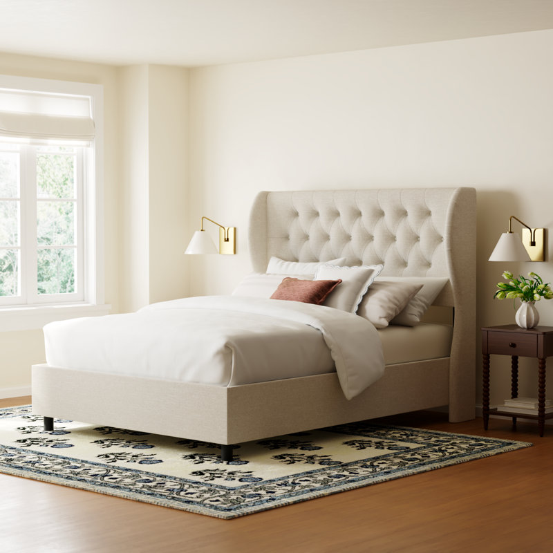 Tomey Upholstered Wingback Bed, Full, Classic Linen Linen