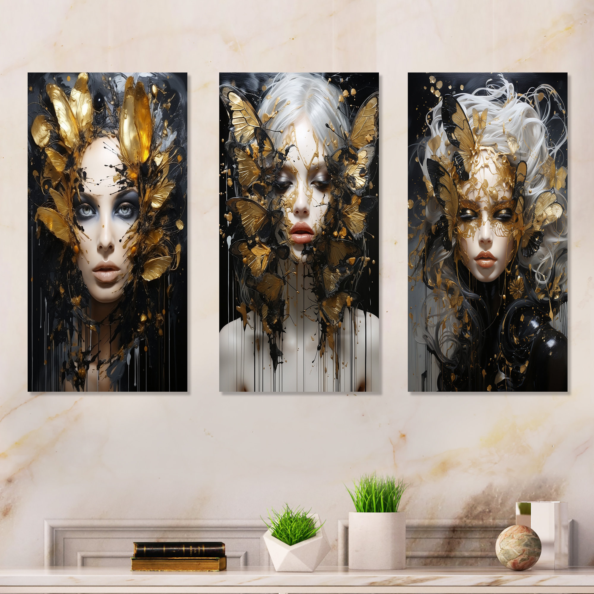 Design Art Gold And Black Feather Woman Portrait I - Woman Glam Metal ...