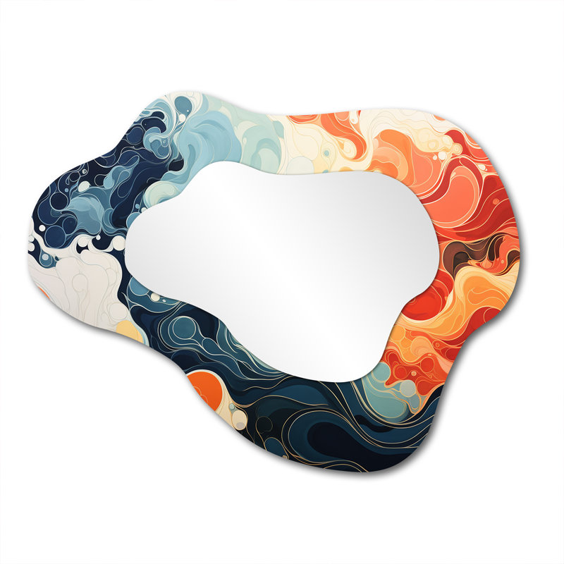 Encre liquide bleue et orange III - Art abstrait en métal - Miroir mural moderne asymétrique, 27 po x 35 po
