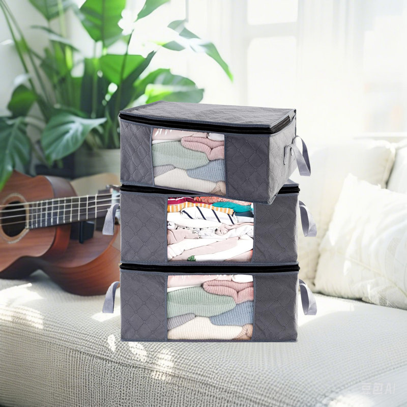 Ensemble de 3 sacs de rangement pliables avec fenêtres et poignées transparentes, grands organisateurs de placard pour vêtements, couvertures, literie, bacs en tissu gris peu encombrants