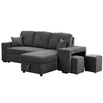 Convertible Bed With Side Shelf And 2 Stools, Pull Out Sleeper For Small Places, Blue Black Reversible Sectional Comfortable Padding,