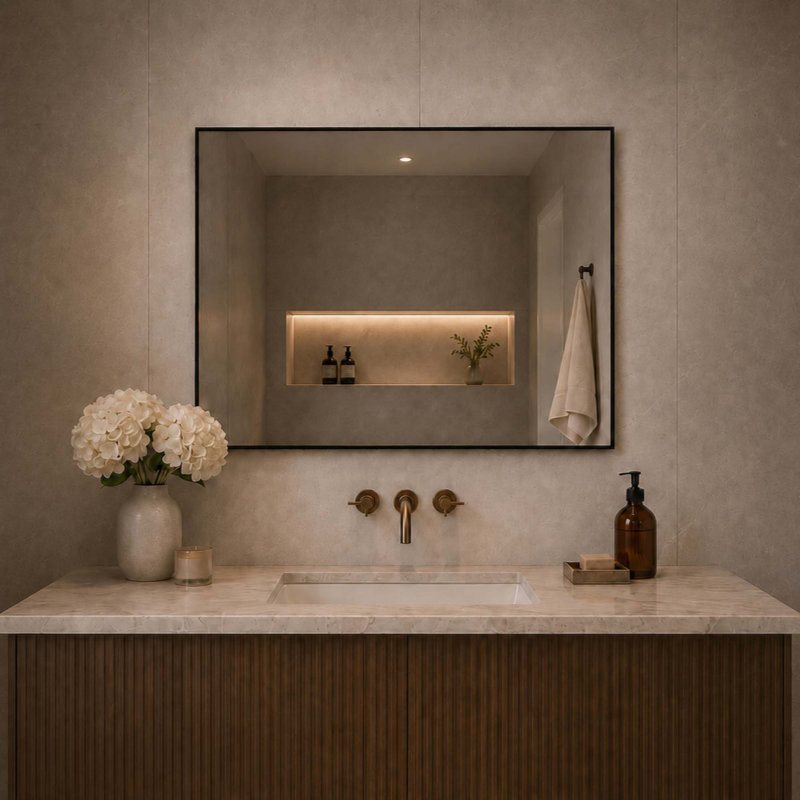 Miroir mural de salle de bain rectangulaire avec cadre en aluminium noir, horizontal ou vertical