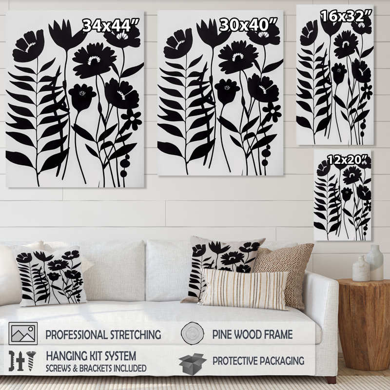 Fleurs noires et blanches II, L 12 po x H 20 po, Toile tendue