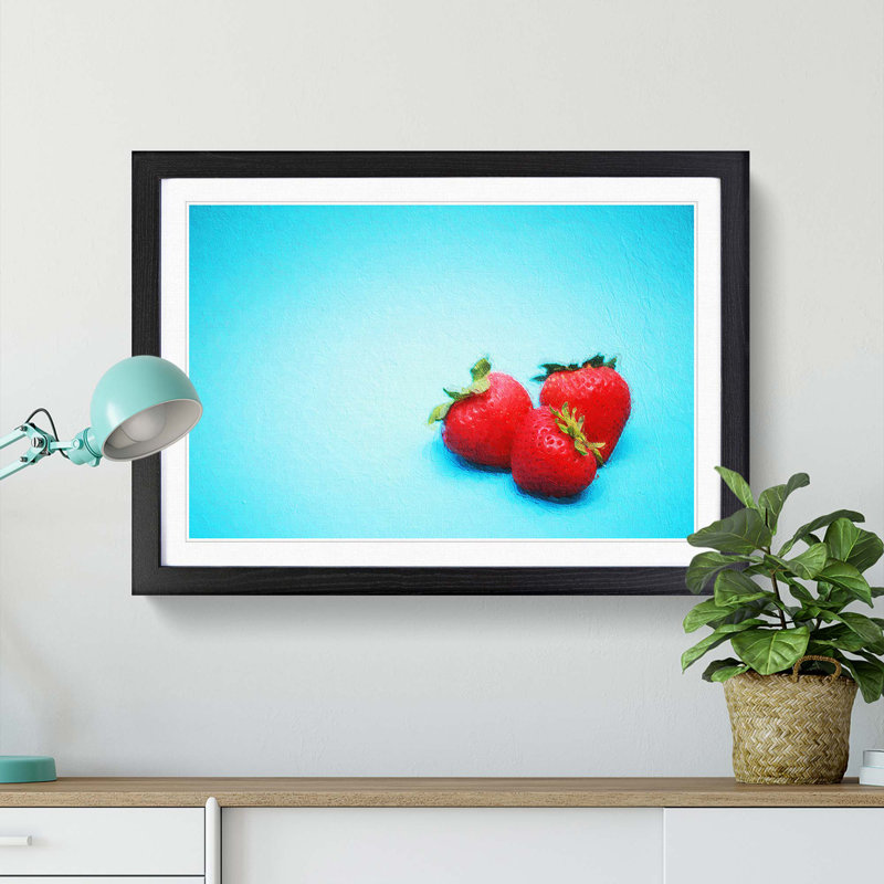 Three Strawberries - Picture Frame Painting Print, 27cm H x 36cm W x 2cm D, Black Framed
