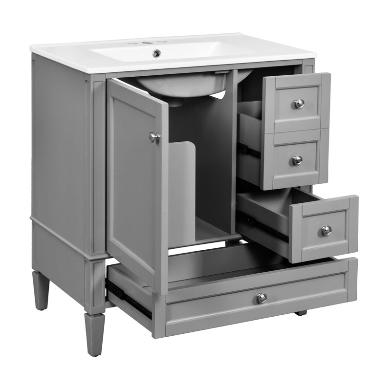 Meuble-lavabo de salle de bain avec lavabo en céramique avec tiroir, porte et armoire de rangement, Argent argent, Gris