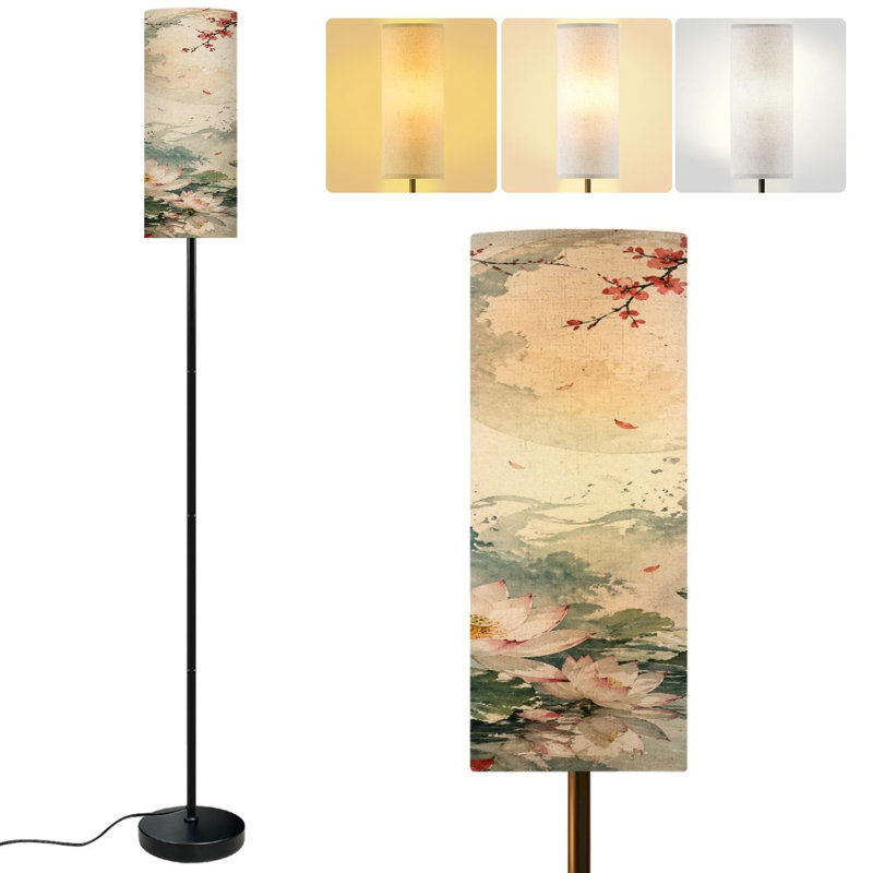  68.5" Standing Floor Lamp Lotus Pond Cherry Blossoms Golden Bell Key Tranquil Watercolor Dimmable Metal Pole Lamp with Linen Lampshade LED Bulb Included