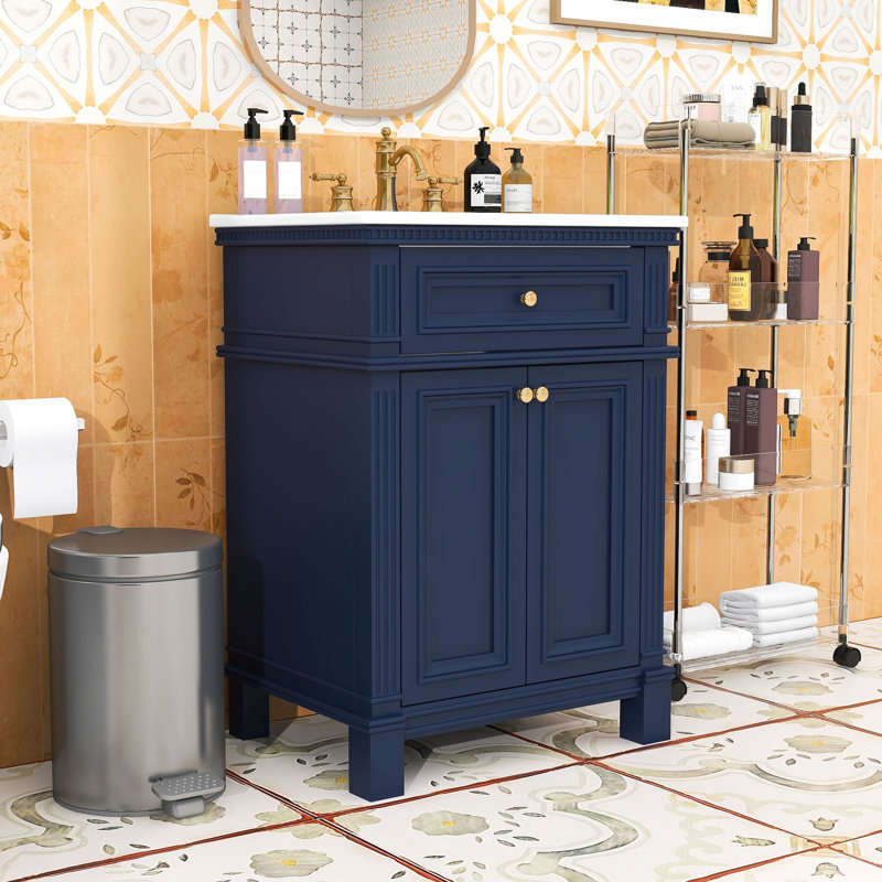 Meuble-lavabo de salle de bain avec lavabo, portes à fermeture douce et tablette réglable, Bleu