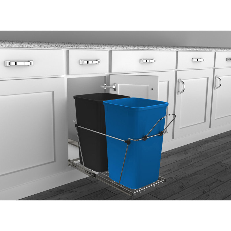Rev-A-Shelf Double Pull Out Trash Can 35 Qt for Kitchen, 27 quart, Blue/Black