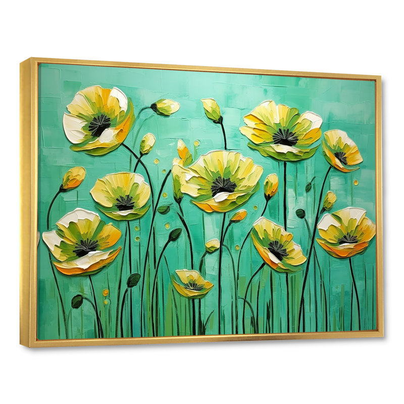 Émeraude élégance coquelicots dans la brise, H 30 po x l 40 po x P 1,5 po, Cadre flottant doré