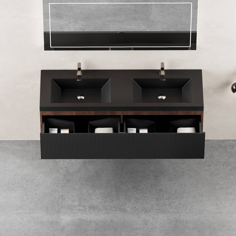 Meuble-lavabo mural avec lavabo à surface solide, Noyer, Noir, 59"