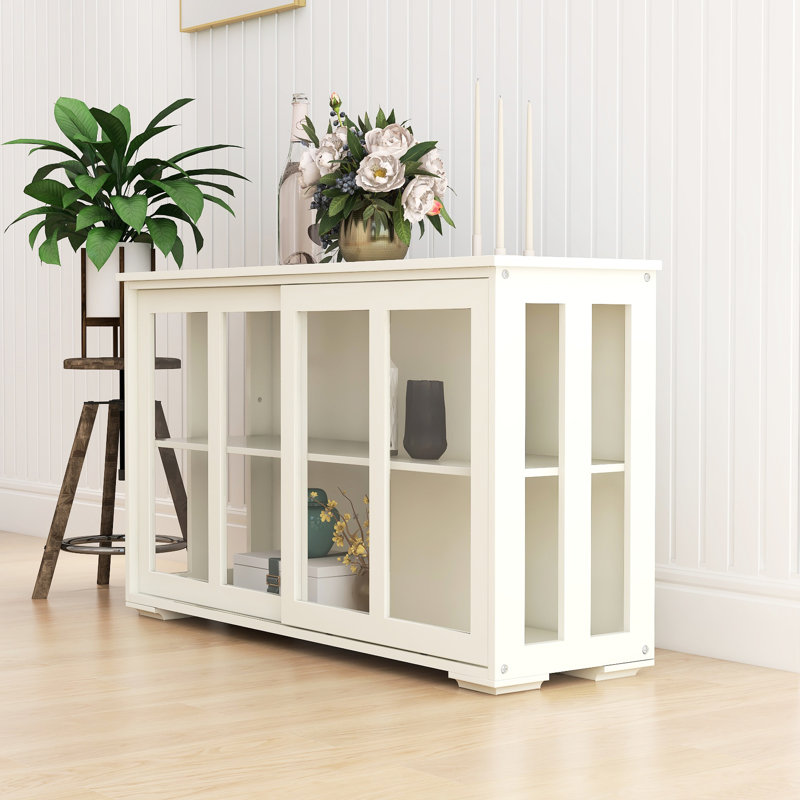 White Kitchen Storage Cupboard With Glass Door. Build For Performance. 2 Sliding Doors And Adjustable Shelf Efficient Organization. Coated. Non-Slip Bottom To Floor From Damage Cabinet - Crafted