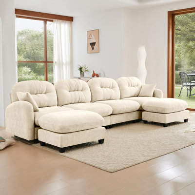 Canapé modulaire modulaire à 4 places avec chenille douce, coussin, mousse haute densité ergonomique, élégante, convient aux espaces de chambre à coucher et de salon, conception de canapé en forme de U beige, mousse ergonomique, convient à
