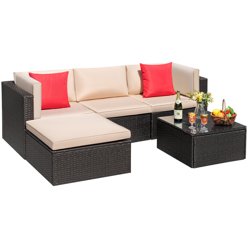 Huang 5 Piece Rattan Sectional Seating Group with Cushions, Beige/Red, Brown