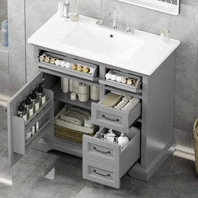 Meuble-lavabo de salle de bain avec lavabo, 2 tiroirs basculants, charnières de porte à fermeture en douceur