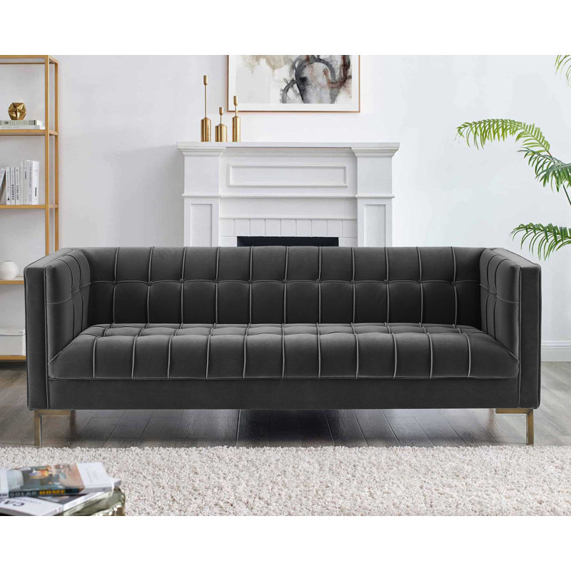 Rorik 83.5" Velvet Tuxedo Arm Sofa, Gray