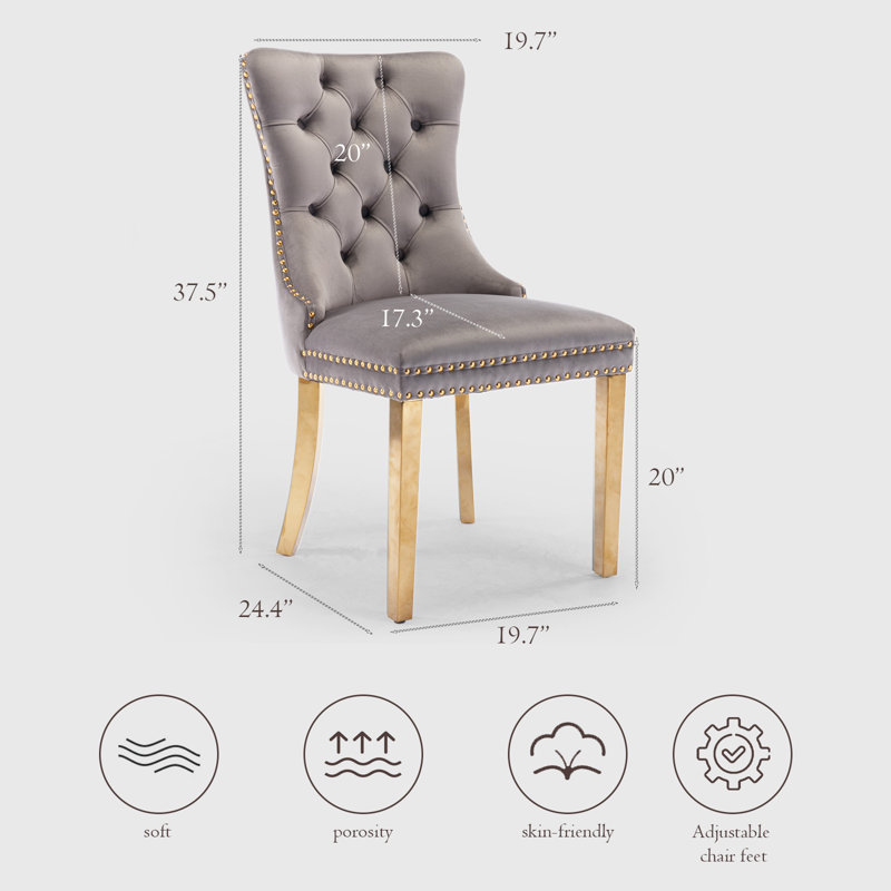Ensemble de 4 chaises de salle à manger rembourrées en velours et pieds dorés, Gris, Doré