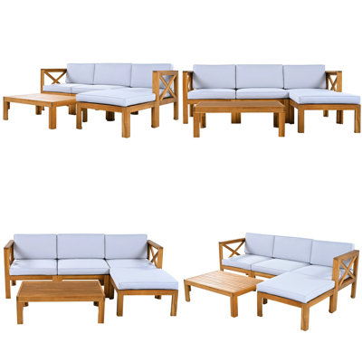 5-Piece Outdoor Acacia Wood Sectional Sofa Set | Modular Patio Seating Group with Corner Sofas, Armless Sofa, Ottoman & Coffee Table | X-Back Design with Water-Resistant Cushions