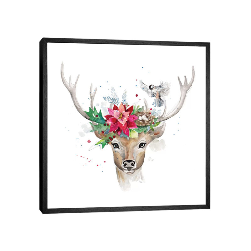 Woodland Deer With Bird by Patricia Pinto - Floater Frame Gallery-Wrapped Canvas Giclée on Canvas, Black