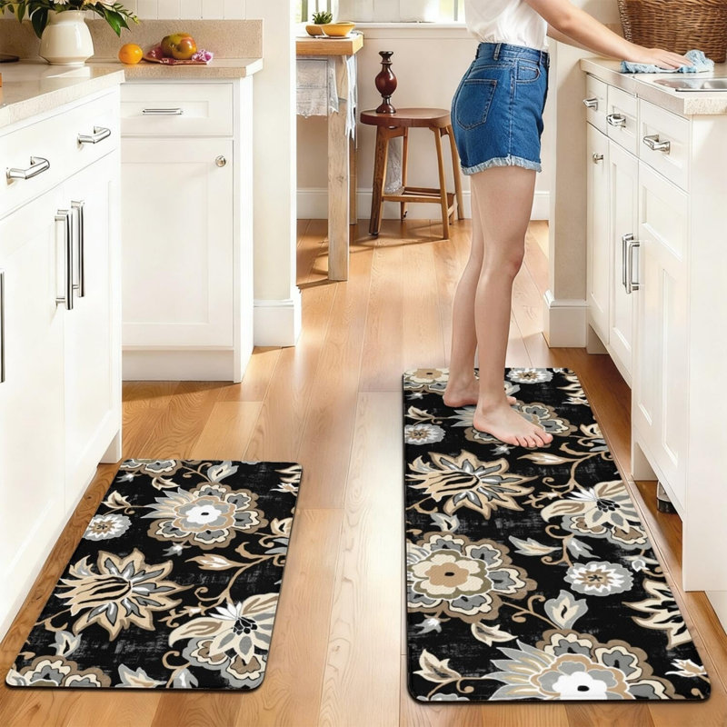 Ensemble de 2 tapis de cuisine rétro à imprimé floral noir pour la cuisine et la salle à manger, noir et beige