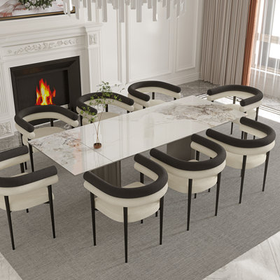 9 - Piece 63'' To 94.5'' Extendable Dining Table Set Sintered Stone Dining Table With 8 Upholstered Armchair