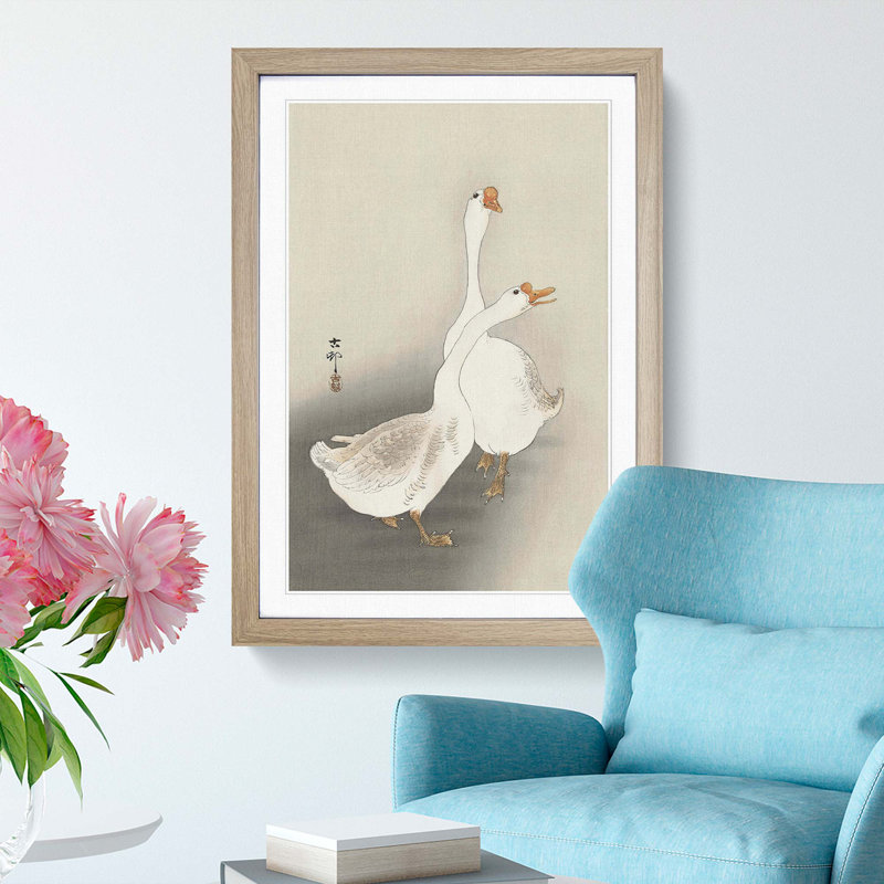 Two Geese by Ohara Koson - Framed Print, 36cm H x 27cm W x 2cm D, Oak Framed