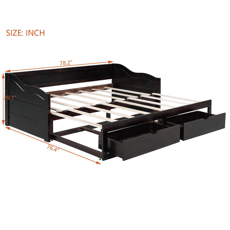 Wooden Daybed with Trundle Bed and Two Storage Drawers , Extendable Bed Daybed,Sofa Bed with Two Drawers, Espresso