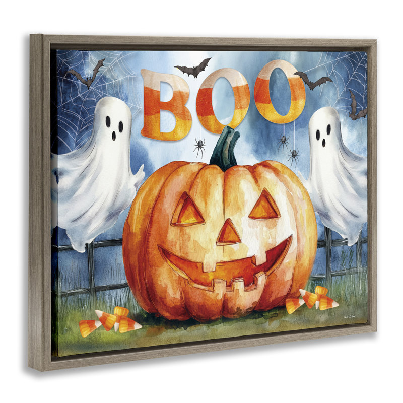 Boo Ghost & Jack-o-Lantern, cadre flottant, conception par Nicole DeCamp, H 25 po x l 31 po, Cadre flottant orme Montalcino
