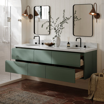   Ensemble de meuble-lavabo mural ovale double avec comptoir en marbre blanc Carrara