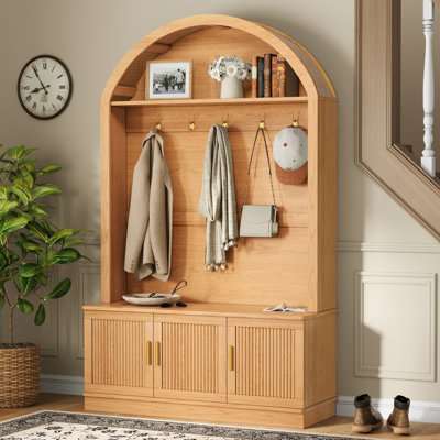 Hall Tree 46.42" Wide With Bench And Shoe Storage, Entryway Organization, Fluted Doors, Mid-Century Modern, Hallway
