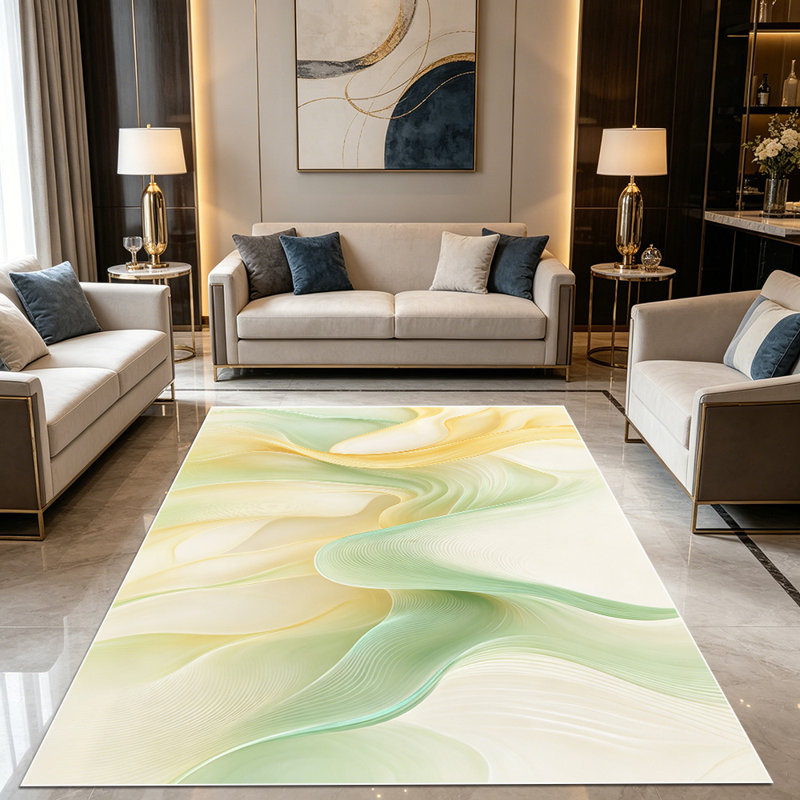 1PC Pastel Yellow Green Wavy Fluid Abstract Art area rugs for Living Room, Soft and Comfortable, Suitable for all seasons, easy-to-maintain, machine washable Indoor floor mat, Under Table Farmhouse suitable for kitchen entryway, bedroom, dining