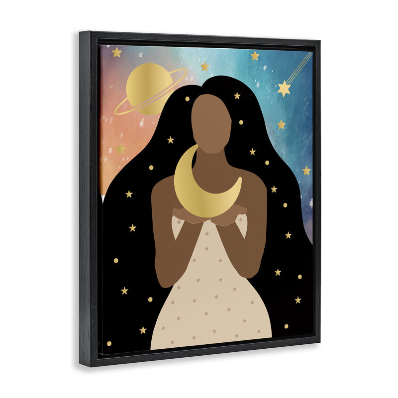 Femme tenant la lune, Cadre flottant noir de jais, H 21 po x l 17 po