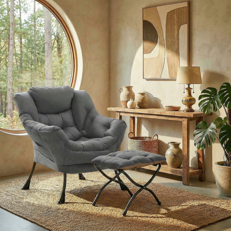 Fauteuil Lazy avec repose-pieds pliable, méridienne moderne et confortable, grand fauteuil avec repose-pieds et une poche latérale, fauteuil de lecture avec repose-pieds pour chambre à coucher, salon, dortoir, gris foncé