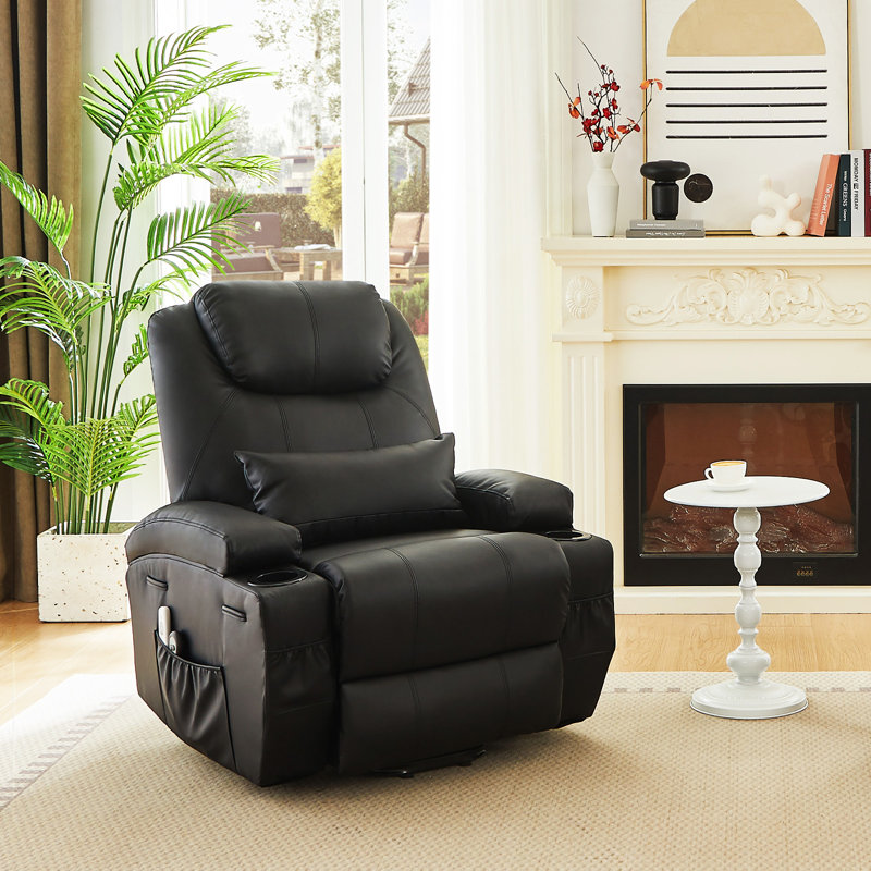 Set of 2 Power Lift Assist Recliner Chairs with Massage and Heat, 34.6" Wide Ergonomic Fax Leather Recliners with Side Pockets & Cup Holders