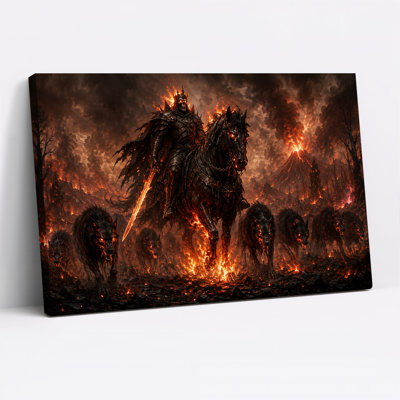 Guerrier squelettique sur un cheval noir dans une toile murale d'Halloween volcanique enflammée
