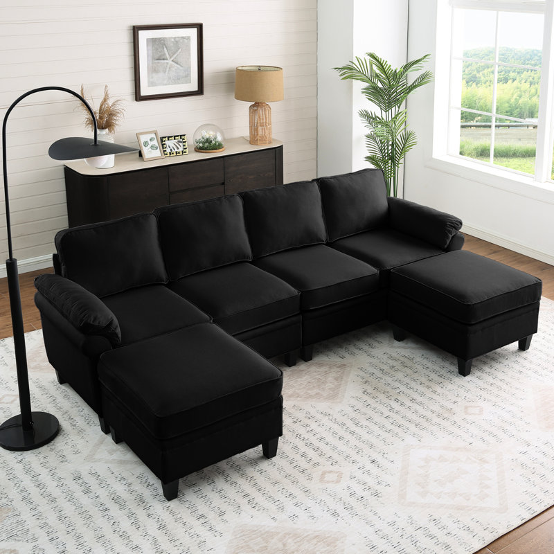 Tissu en lin noir en forme de L de 102 pouces de style contemporain avec mousse à mémoire de forme à deux couches, siège mi-moelleux pour espace de vie, possibilité de bricolage, toucher doux luxueux, rangement sous le siège, système à ressorts