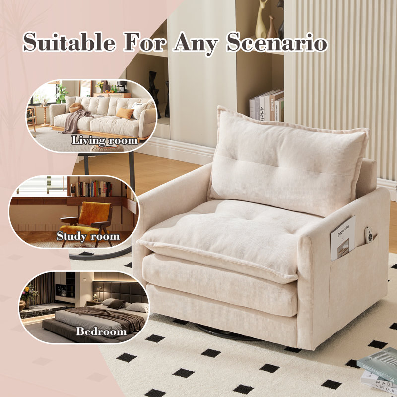 Holmes Chenille Swivel Accent Chair With Side Pockets And Memory Foam, Beige