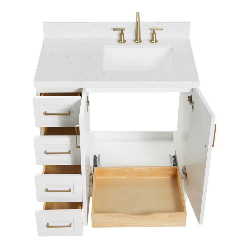 Freitas 36'' Solid Wood Single Bathroom Vanity in White with 1.5'' Carrara White Quartz Top, Left Offset, Rectangle Sink